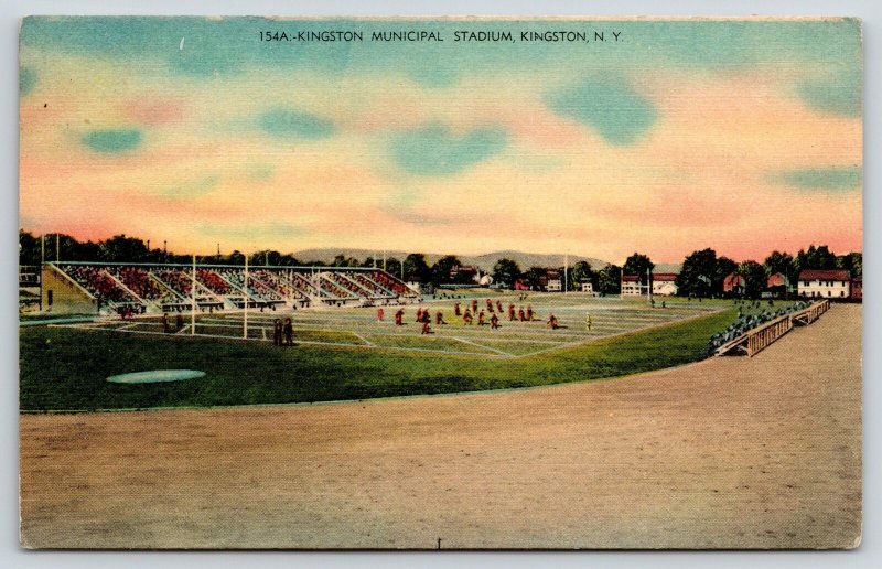 Kingston NY~Municipal Stadium Bleachers~Football Players on Field~1940s Linen 