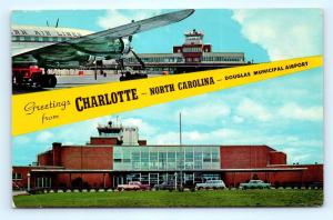 Postcard NC Charlotte Greetings Douglas Municipal Airport c1950s Multiview I8