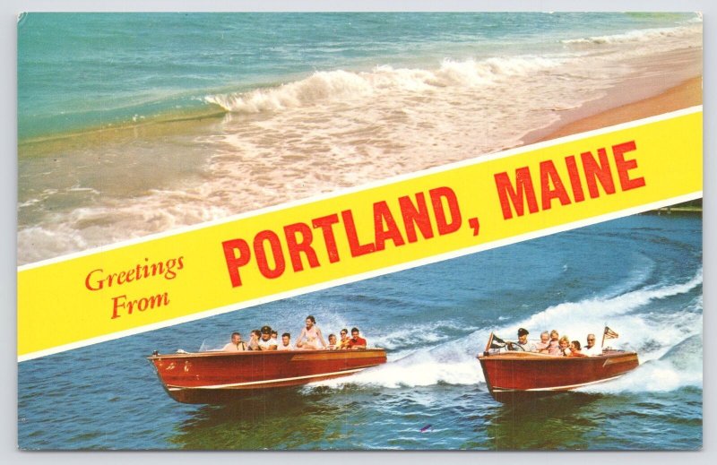 State View~Portland Maine Banner~Ocean Surf & Racing Motor Boats~Vintage PC 