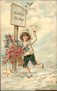 Birthday Little Boy with Letter Basket of Flowers Gilt c1910 Vintage Postcard