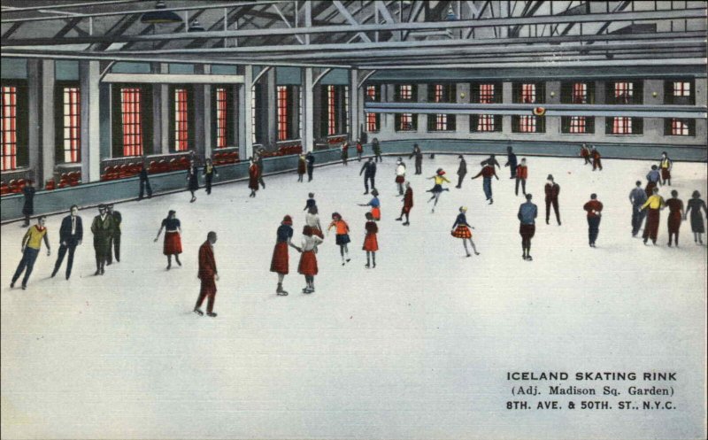 NEW YORK CITY Iceland Skating Rink ICE SKATING Old Linen Postcard