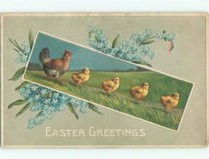 Pre-Linen easter LINE OF CHICKS WITH MOTHER CHICKEN k2886