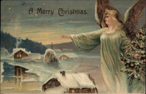 Christmas Angel Watching Over Winter Village c1910 Vintage Postcard