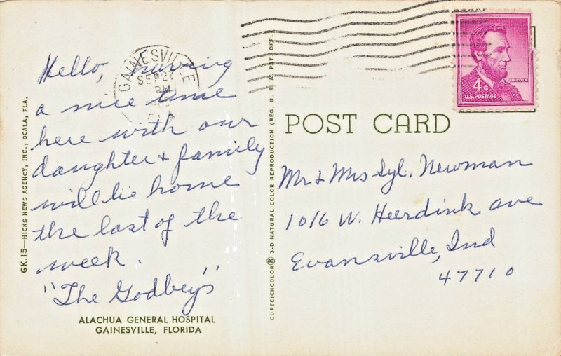 Gainesville Florida FL~Alachua General Hospital~1965 Postcard