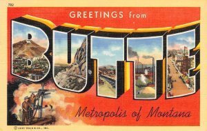 BUTTE, MONTANA Large Letter Linen Greetings Copper Mining 1940s Vintage Postcard