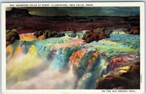 c1940s Twin Falls ID Shoshone Falls Night Illuminated Rainbow Iridescent PC A253