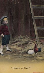 Hen Hiding His Egg Farm Boy Finding It Antique Bird Comic Humour Postcard
