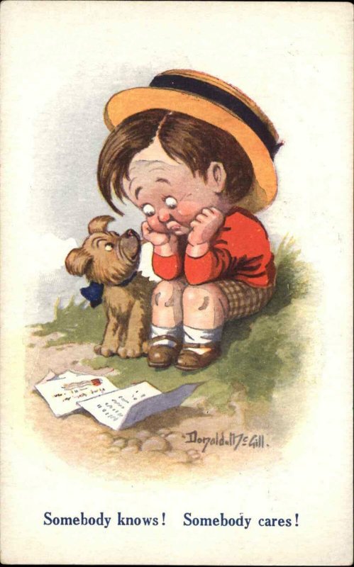 Donald McGill Little Boy Reading a Letter - Dog c1910 Postcard