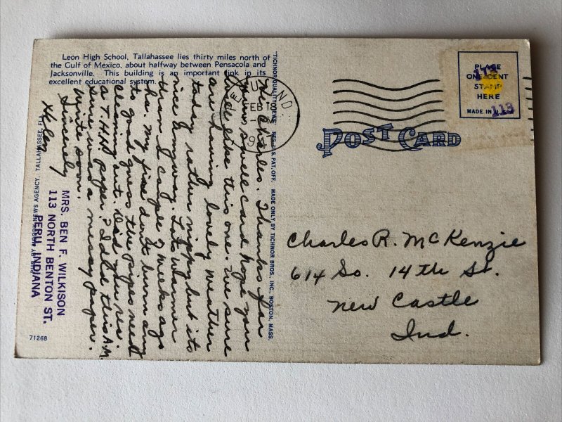 1940s LEON HIGH SCHOOL TALLAHASSEE Florida Building Posted Postcard