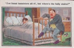 Man Drunk Cant Find Bed Stairs Bannister Alcohol Antique Comic Humour Postcard