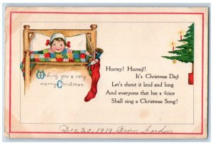 Christmas Little Girl On Bed Stocking Full Of Toys Washington DC Clark Postcard 