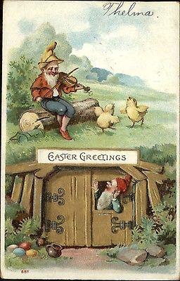 Easter Fantasy - Elf Gnomes Playing Fiddle c1910 Postcard