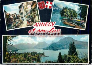 Modern Postcard Annecy and its Lake Quays Thiou Isle of Swans and snowy Tourn...