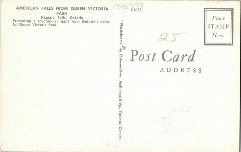 American Falls Queen Victoria Park Niagara Falls Ontario Vintage DB Postcard  