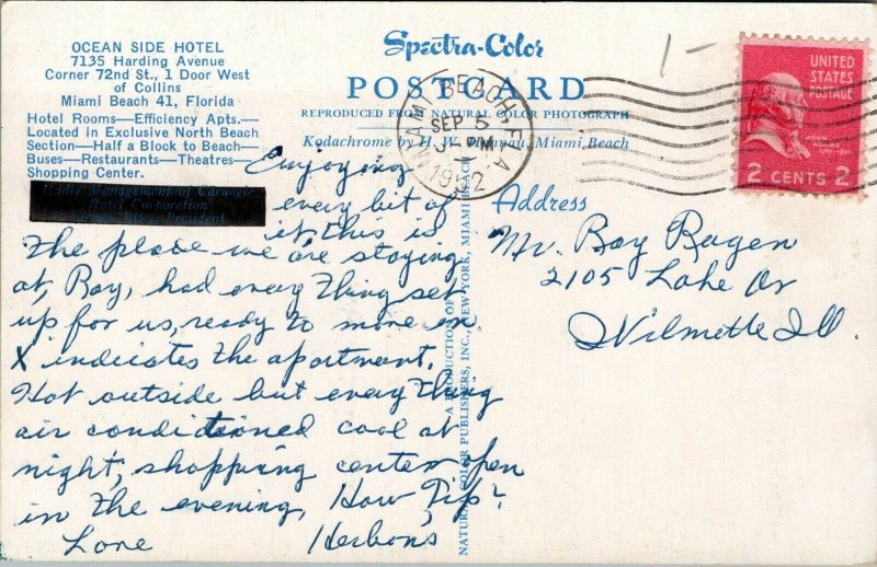 Vintage 1952 Ocean Side Hotel Miami Florida FL Postcard