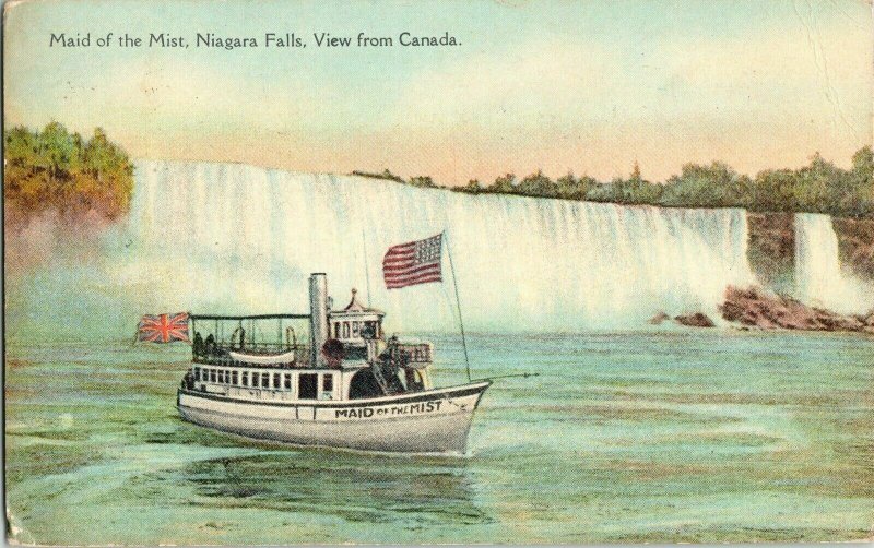 Maid Mist Niagara Falls View Canada Boat American British Flag Postcard Cancel