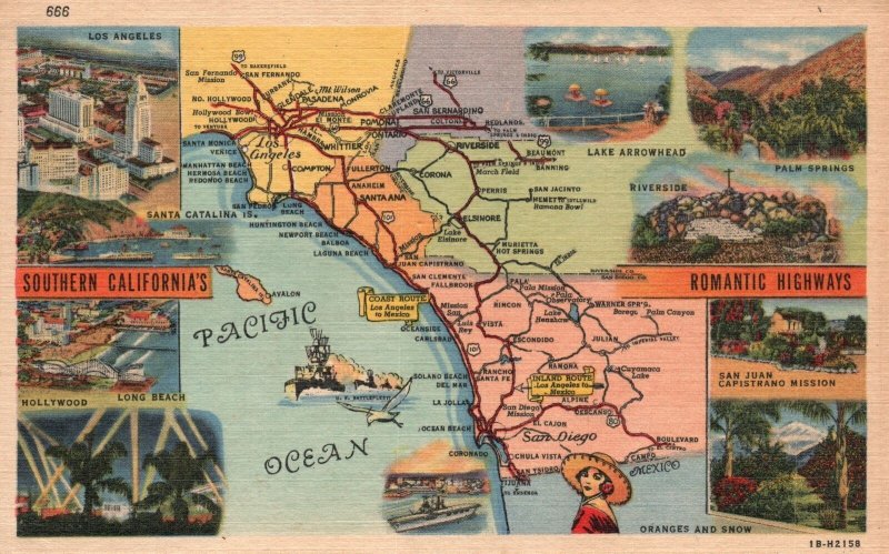 Vintage Postcard 1957 Southern California Romantic Highways Maps Ocean & Cities