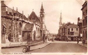 DORCHESTER DORSET UK TOWN CLOCK & ST PETER'S CHURCH~MOTORCYLE PHOTO POSTCARD