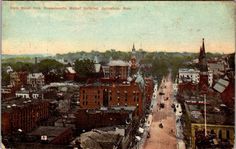State Street from Massachusetts Mutual Bldg Springfield MA Vintage Postcard R64