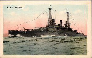 1916 View Of  U.S Navy Ship U. S. S. Michigan American Flag WWI Postcard JC27