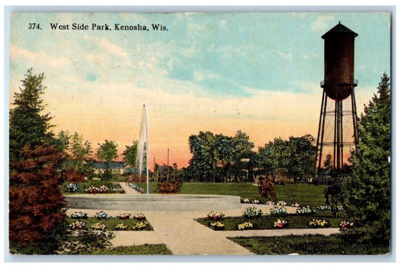 1915 West Side Park Landscaping Tower Tank Pathway Kenosha Wisconsin WI Postcard 