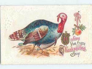 Pre-Linen thanksgiving TURKEY BY APPLE HANGING FROM PINK RIBBON HQ7717