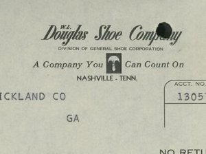 1955 W. L. Douglas Shoe Company General Shoe Corp. Nashville TN Invoice 322