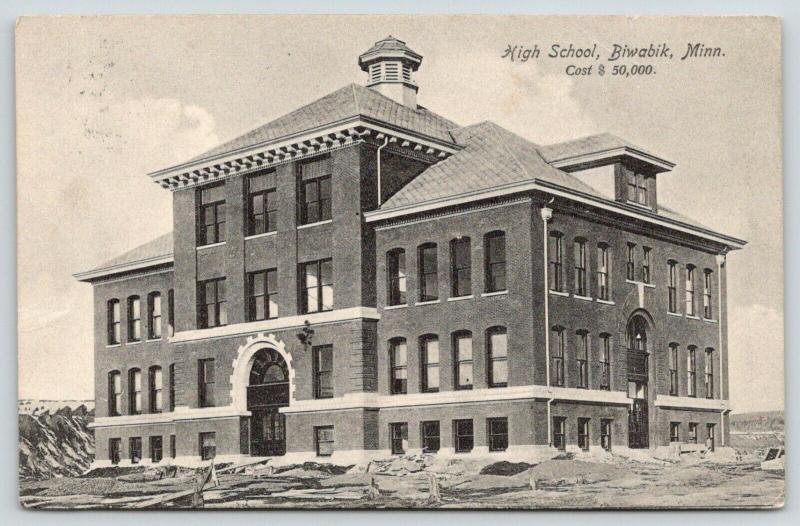 Biwabik Minnesota~High School~Construction Mess Outside~1908 B&W Postcard 