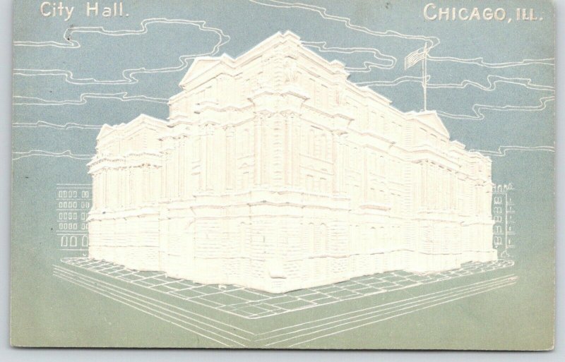 Chicago Illinois~City Hall~White Embossed~Mint Green~c1905 Airbrushed Postcard 