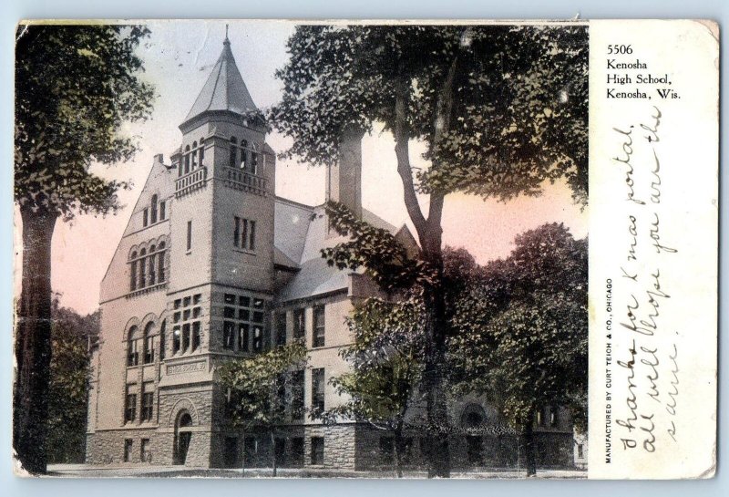 1907 Kenosha High School Building Campus Tower Trees Kenosha Wisconsin Postcard