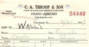 1937 C.A. THROOP & SON COATS-DRESSES CLEVELAND OHIO BILLHEAD STATEMENT Z1350