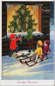 Merry Christmas Children Watching Christmas Tree In The Snow Postcard C176