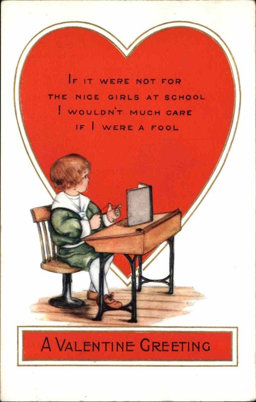 Whitney Valentine Little Boy at School Desk Vintage Postcard