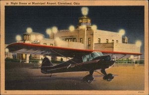 Cleveland Ohio OH Airport Airplane Night Scene Linen 1930s-50s Linen Postcard