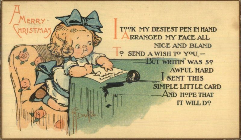 Grace Drayton - CHRISTMAS Cute Little Girl Writing Letter Spilled Ink Well PC