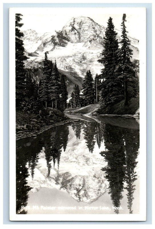 Vintage RPPC Mt Rainier Mirrored In Mirror Lake, Wash.  Postcard F124E