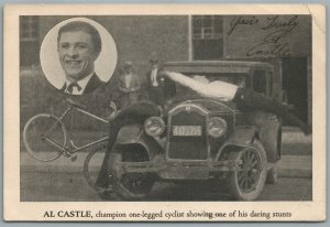 SIGNED ! AL CASTLE CHAMPION ONE LEGGED CYCLIST ANTIQUE POSTCARD