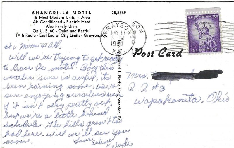 Postcard, Shangri-la Motel, Grayson, Kentucky, VTG Chrome 