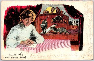 1907 Woman Writing On Her Table Dog Cats At The Back Posted Postcard