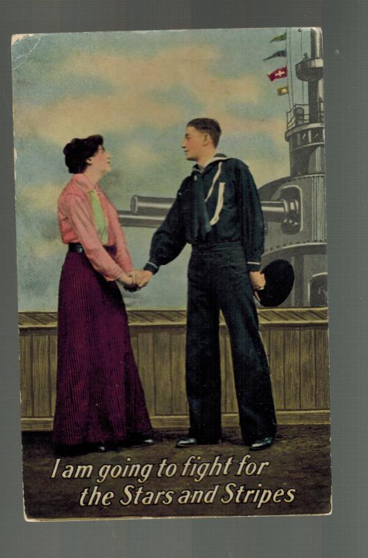 Mint WW1 USA Patriotic postcard Sailor and Girl Going to Fight for Stars Stripes