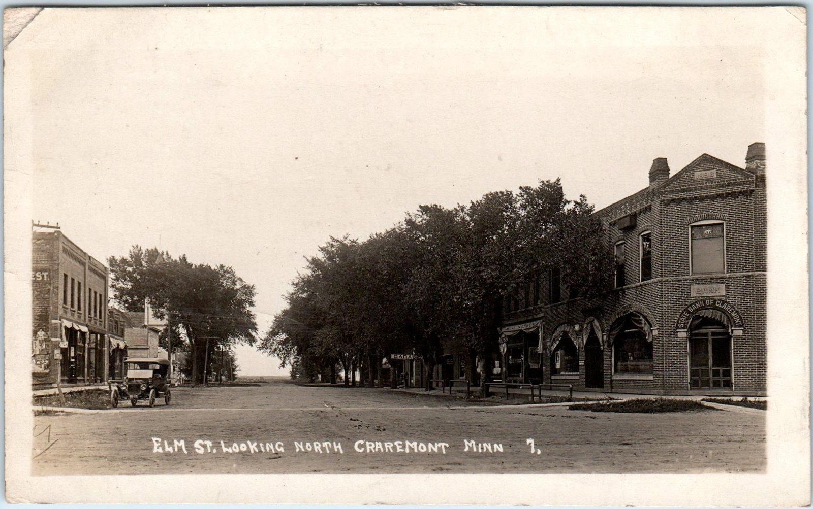 RPPC CLAREMONT, MN Minnesota ELM STREET SCENE Bank 1917 Postcard