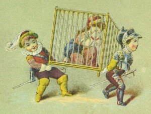 1880's-90's Less & Glass Dry & Fancy Goods Accordeons Boys Girl In Cage P92