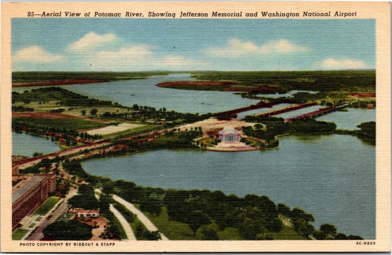 Postcard Washington DC - Aerial Potomac Jefferson Memorial Wash National Airport