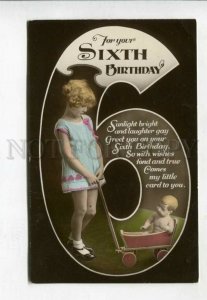 427310 6th BIRTHDAY greeting Girl & DOLL Vintage PHOTO PC