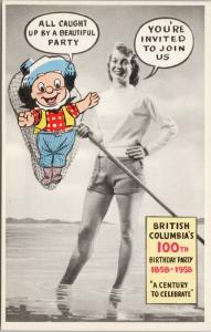 British Columbia 100th Birthday 1958 BC Advert Pretty Woman Postcard D81 UNUSED