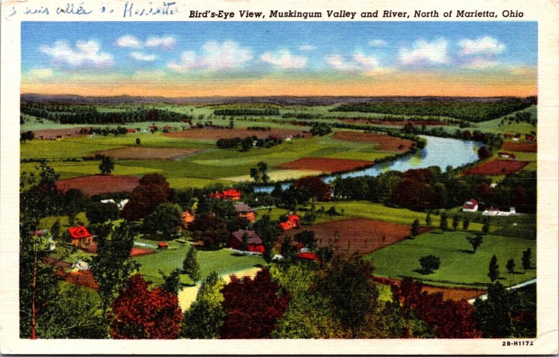 USA Birds Eye View Muskingum Valley and River Marietta Ohio Linen Postcard C005