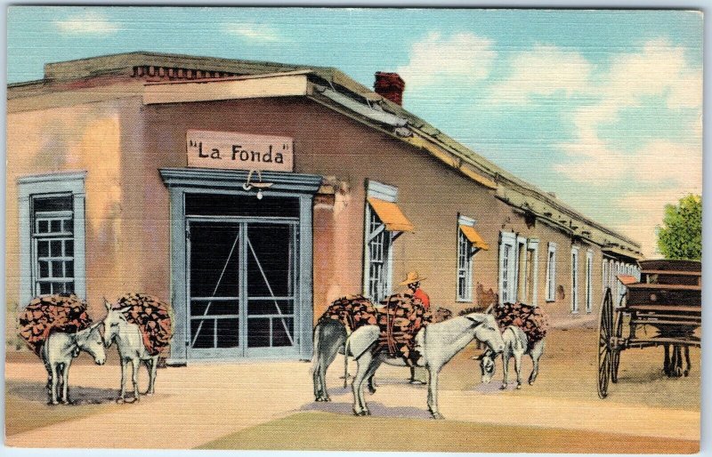 c1930s Santa Fe, NM Ancient La Fonda Inn Hostelry Pioneer Trail Linen PC A328