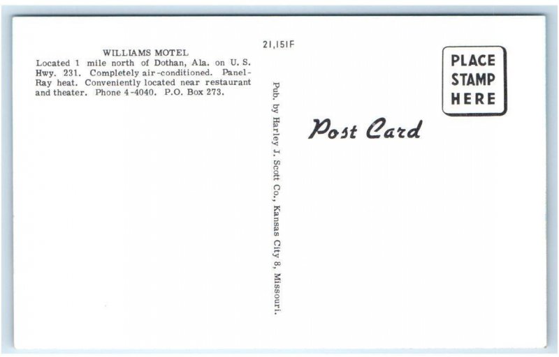 DOTHAN, AL Alabama ~ Roadside WILLIAMS MOTEL c1950s  Postcard