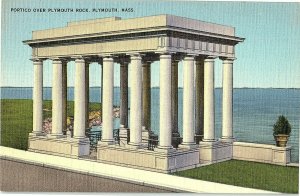 1940s Plymouth Mass. Portico Over Plymouth Rock Oceanside Linen Postcard 5-101