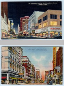 2 Postcards MEMPHIS, Tennessee TN ~ Night/Day MAIN STREET Scenes c1940s Linens